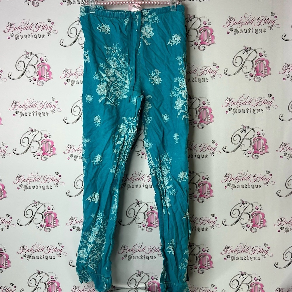 La SENZA pants bottoms flare floral vintage flowers Teal and White Floral Pants